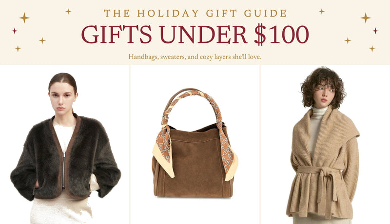 Gold Leaf Gifts for Her Under $100 holiday gift guide featuring bestselling handbags, crossbody bags, cozy sweaters, and faux fur jackets.