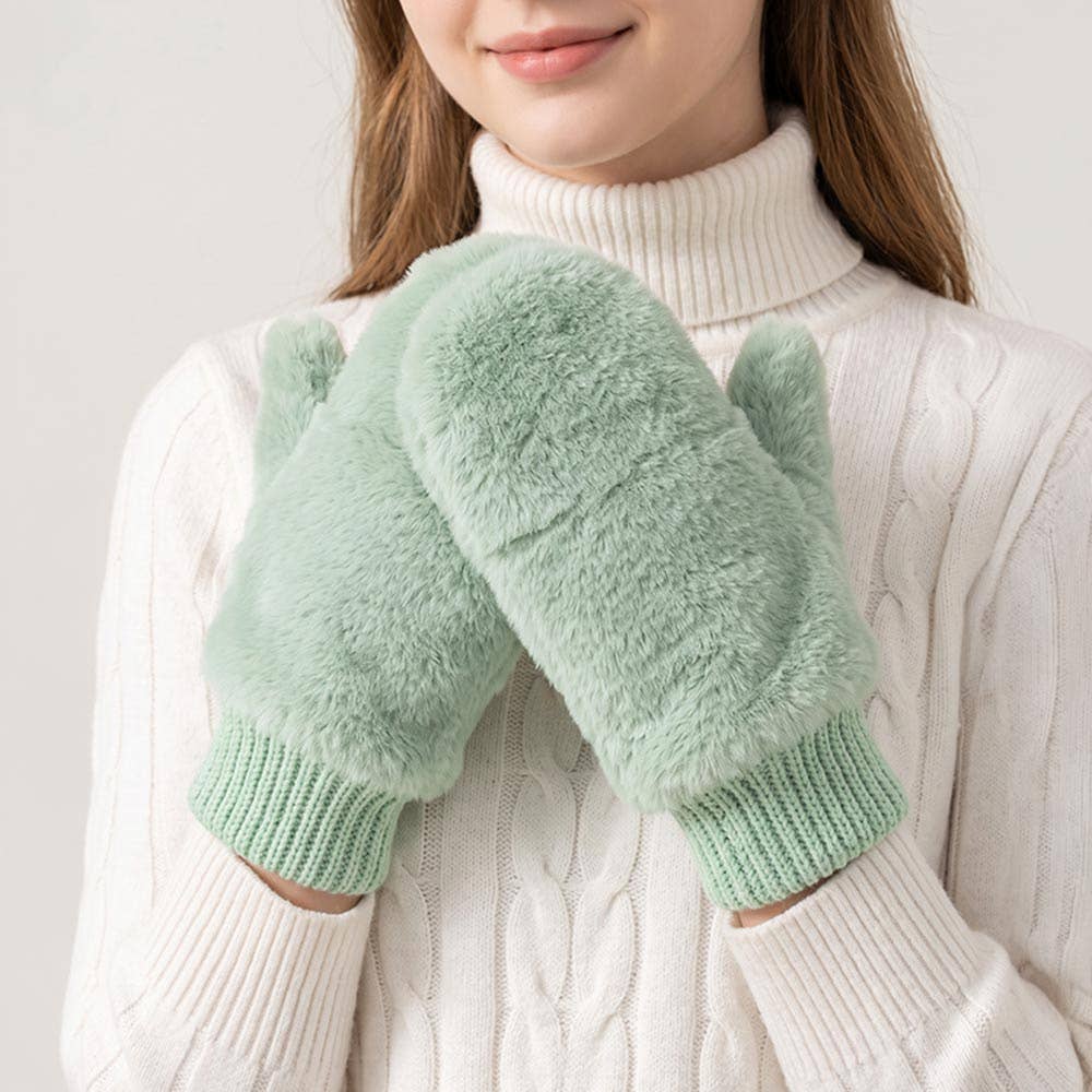 Fuzzy Faux Fur Convertible Flip-Top Fingerless Winter Mitten Gloves
