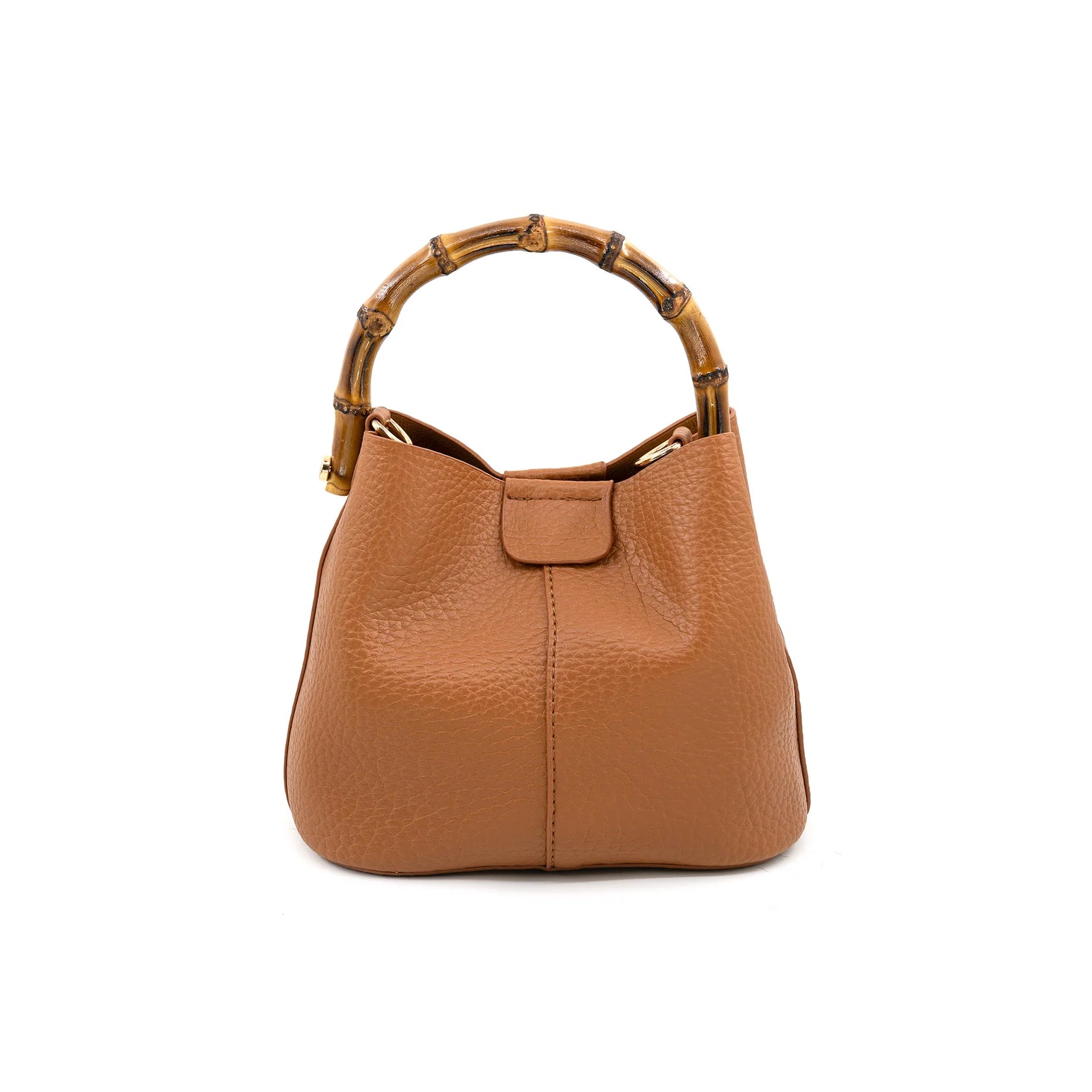 A tan pebbled leather handbag with a distinctive curved bamboo handle, shown against a plain white background.
