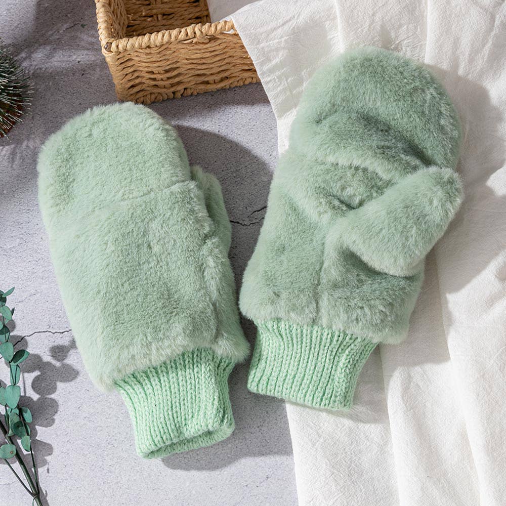 Fuzzy Faux Fur Convertible Flip-Top Fingerless Winter Mitten Gloves