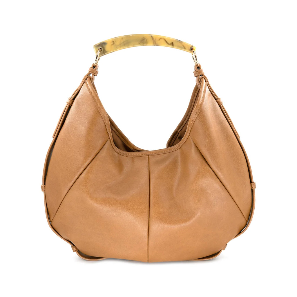 A tan leather hobo shoulder bag with a curved, polished tortoise resin handle, shown against a plain white background.