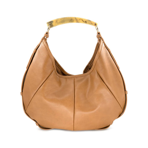 A tan leather hobo shoulder bag with a curved, polished tortoise resin handle, shown against a plain white background.