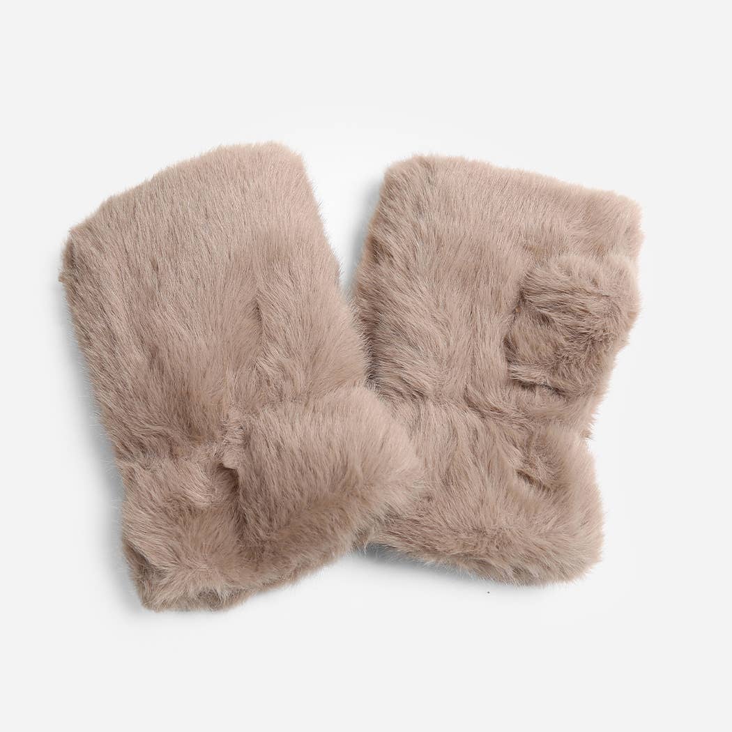 Beige Faux fur fingerless gloves, pair laid together