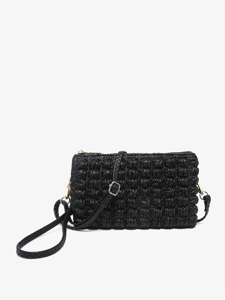 Black Riley puffer crossbody wristlet handbag, product photo