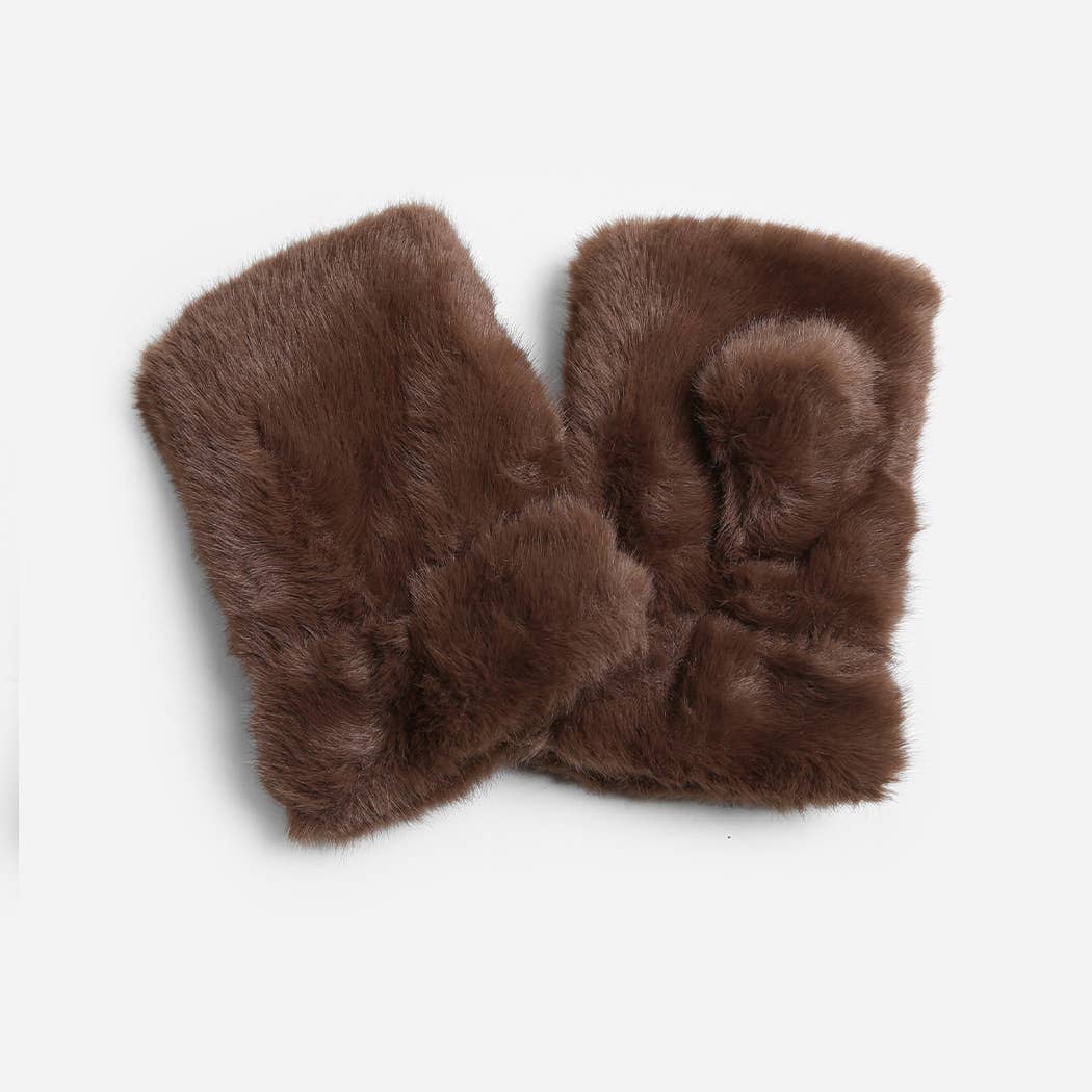 Chocolate Faux fur fingerless gloves, wrist opening detail