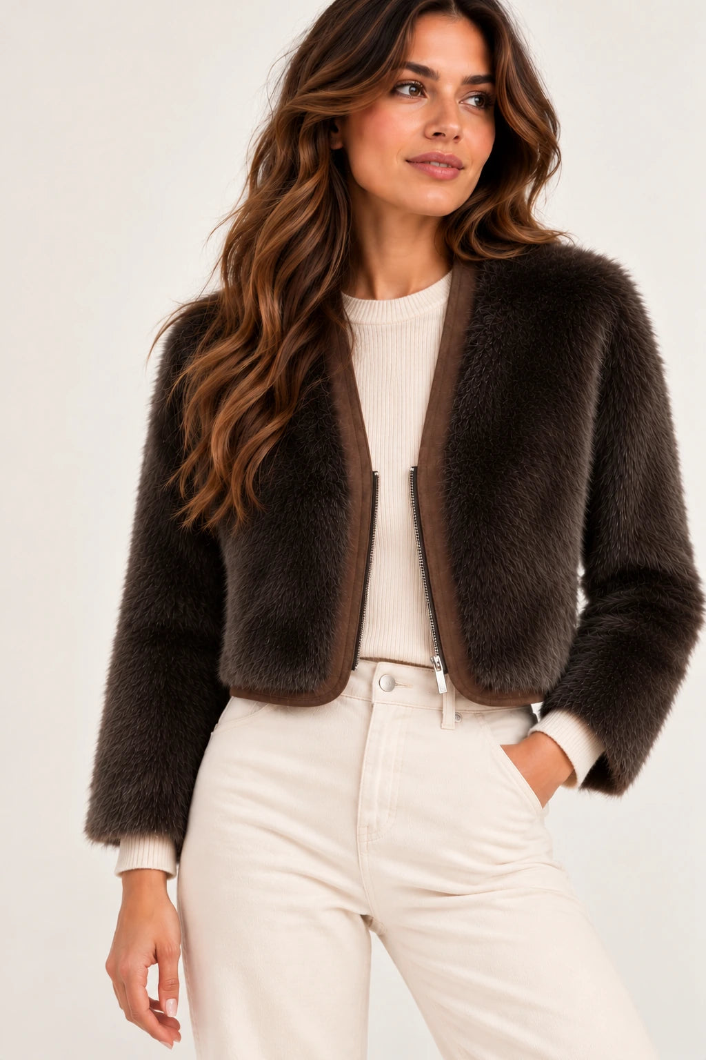 Suede Piped Faux Fur Jacket