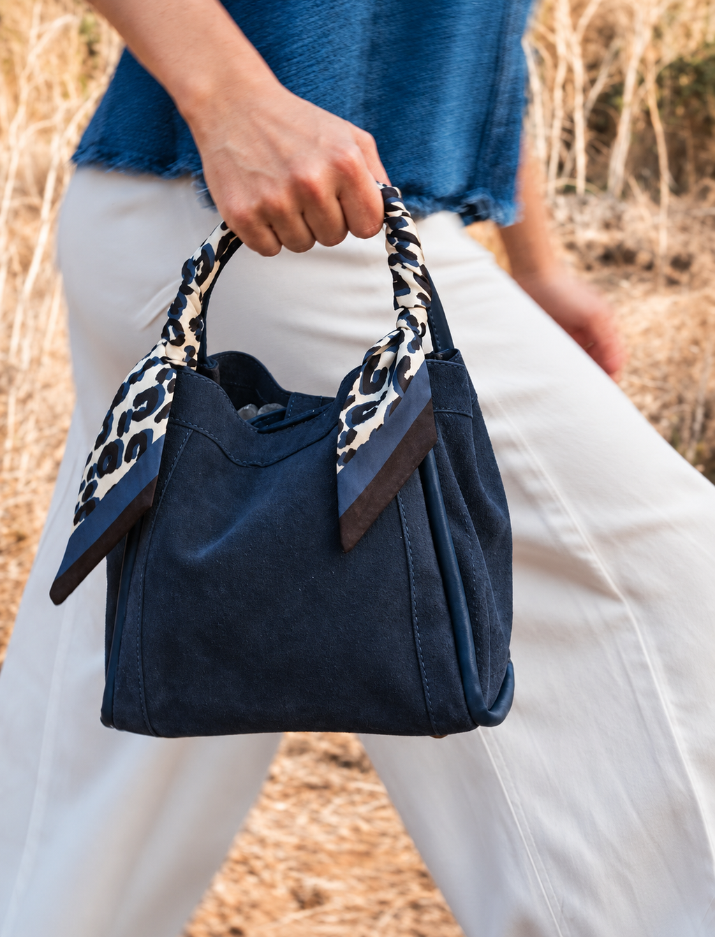 Gianna Suede Handbag | Crossbody Strap | Scarf Handle