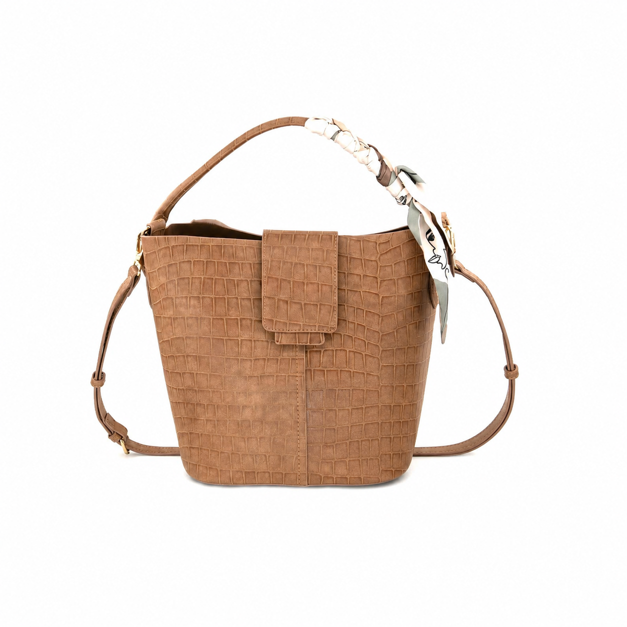 Brown Lucia large bucket handbag on white background