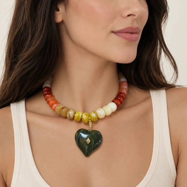 Multi Color Resin Beaded Necklace with Heart Charm