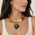 Multi Color Resin Beaded Necklace with Heart Charm