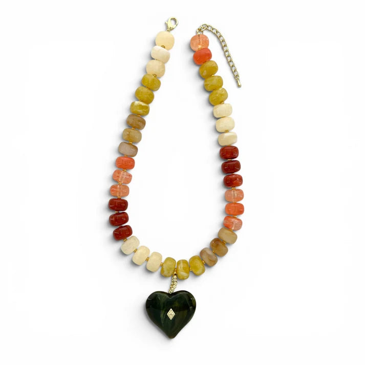 Multi Color Resin Beaded Necklace with Heart Charm