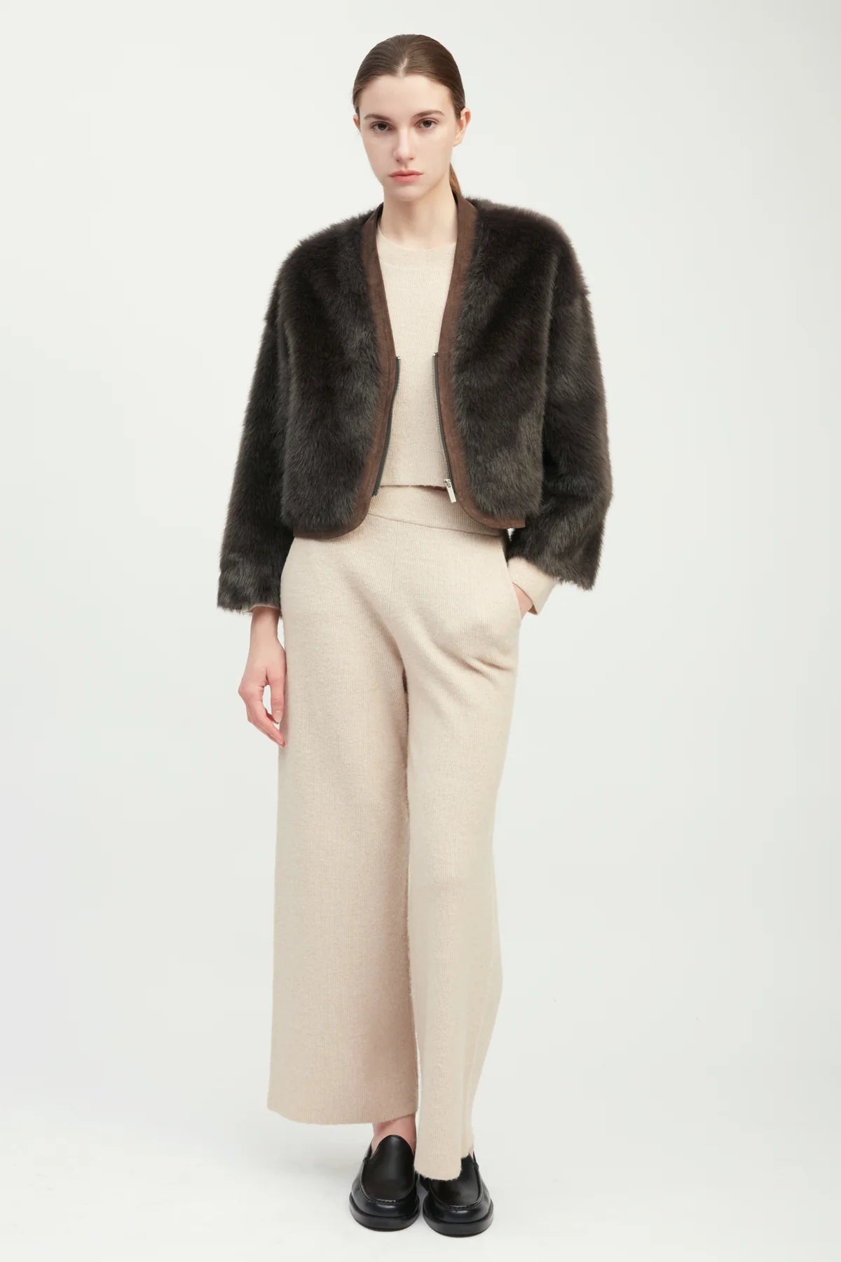 Suede Piped Faux Fur Jacket