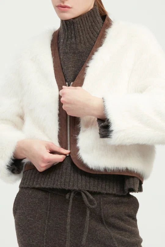 Suede Piped Faux Fur Jacket
