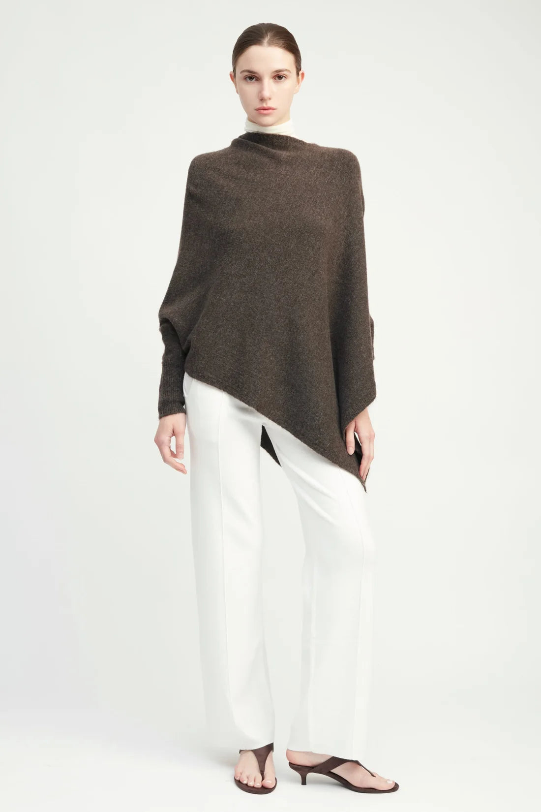Mocha triangle poncho with sleeves, worn view