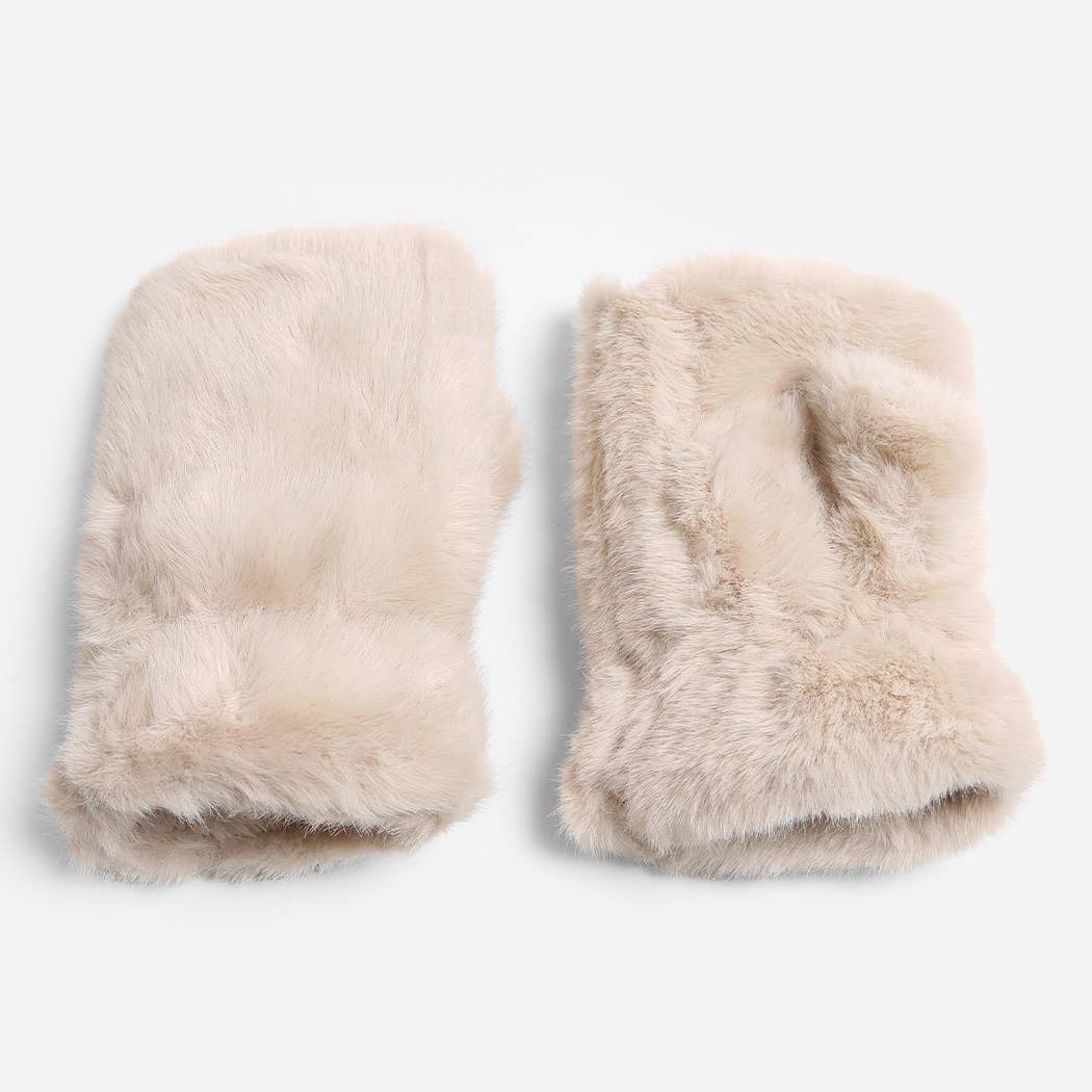 Tan Faux fur fingerless glove, back of hand view and insde