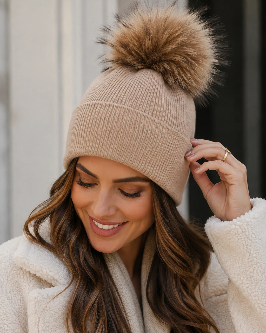 Angora Blend Ribbed Pom Pom Beanie
