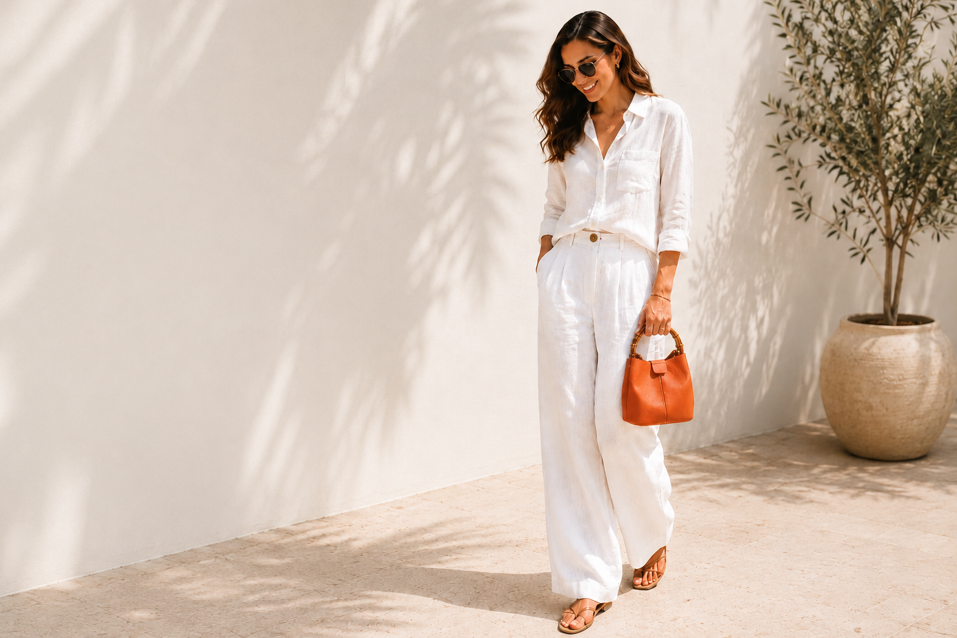 Woman in a white outfit holding a orange hand bag against a white wall.