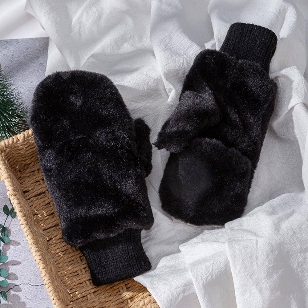 Fuzzy Faux Fur Convertible Flip-Top Fingerless Winter Mitten Gloves