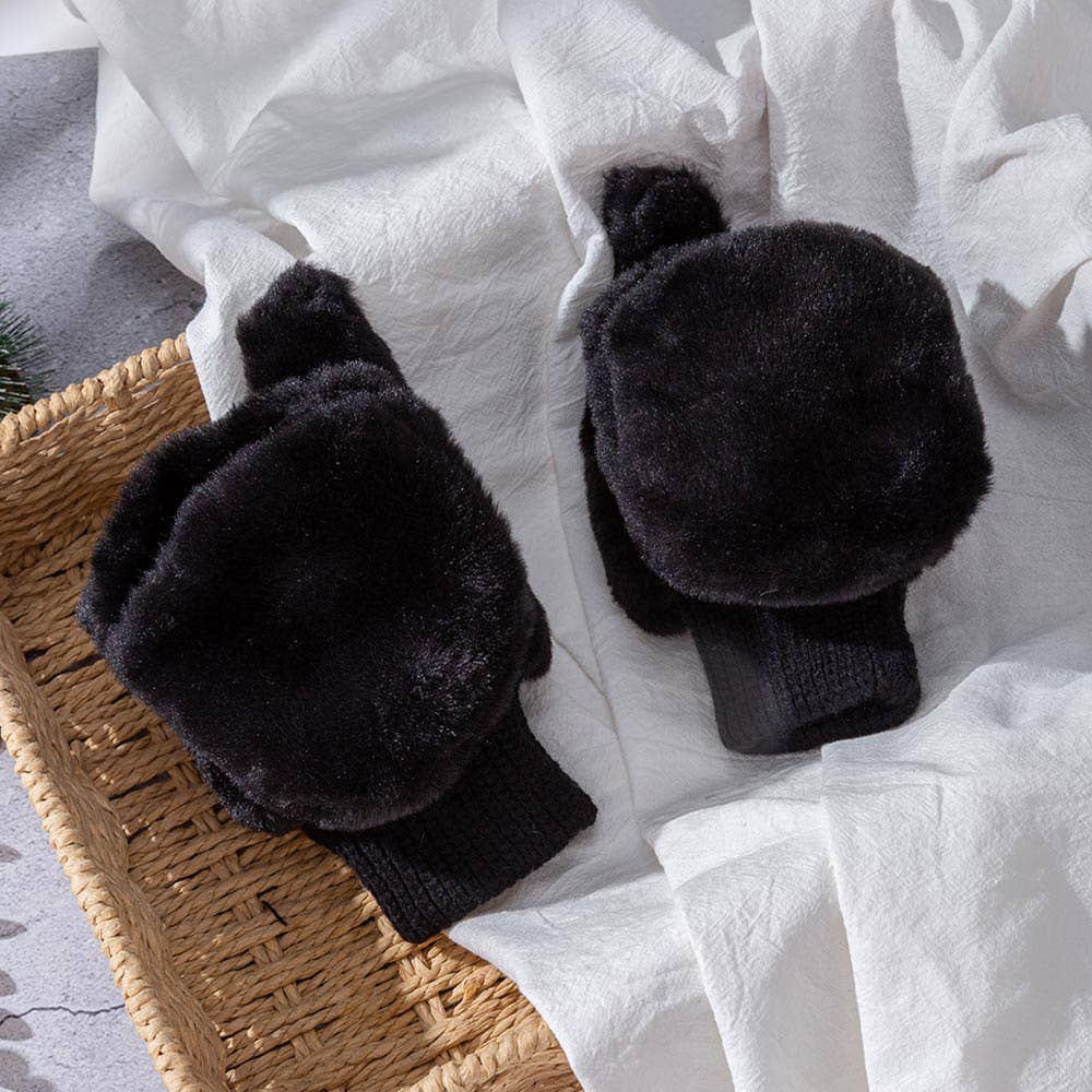 Fuzzy Faux Fur Convertible Flip-Top Fingerless Winter Mitten Gloves