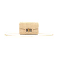 Woven handbag with a gold chain on a white background
