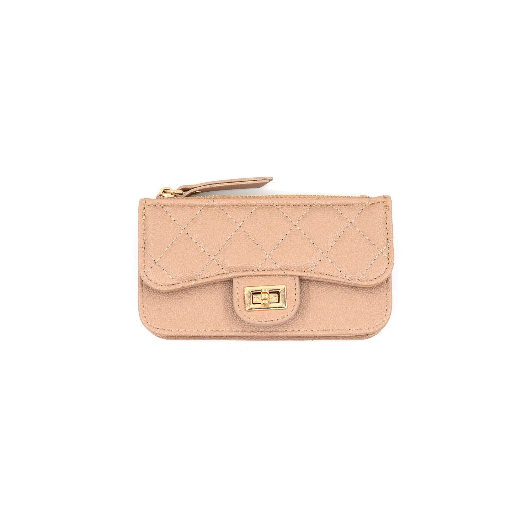 A small quilted leather wallet in a light beige color with gold-tone hardware, shown against a plain white background.