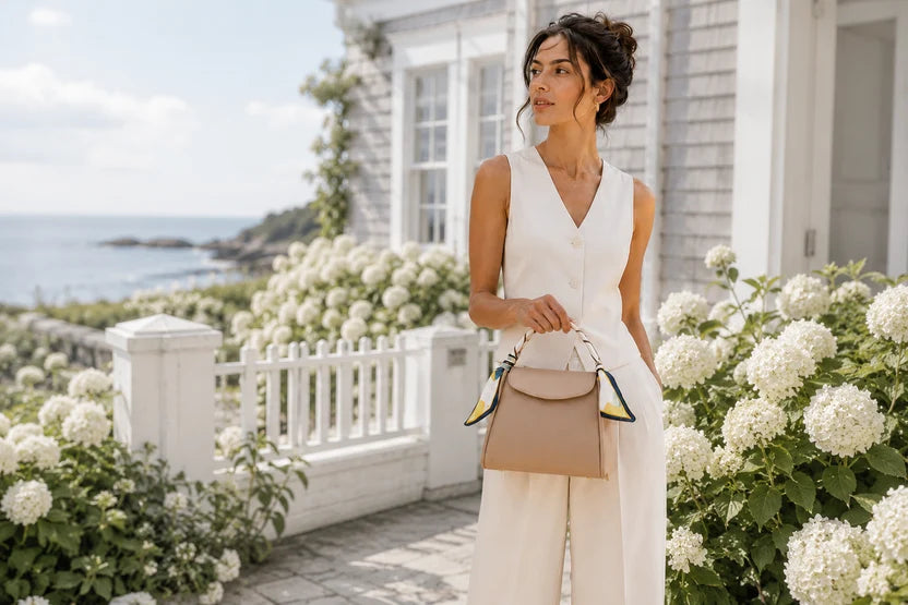 A woman stands on a white porch by the ocean wearing a sleeveless cream V-neck jumpsuit and holding a beige handbag with yellow and blue scarf wrapped handle. White hydrangea bushes frame the scene.