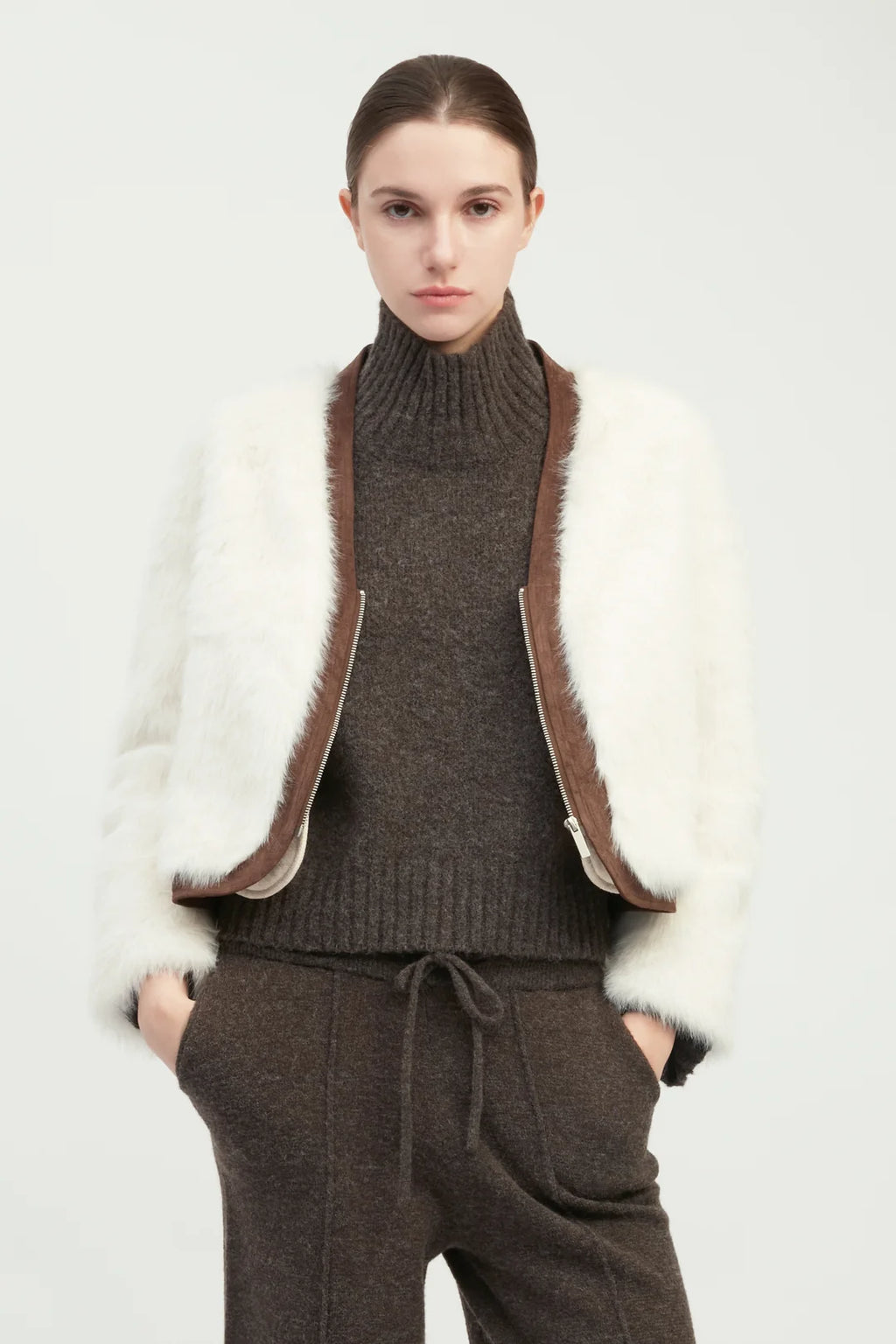 Suede Piped Faux Fur Jacket